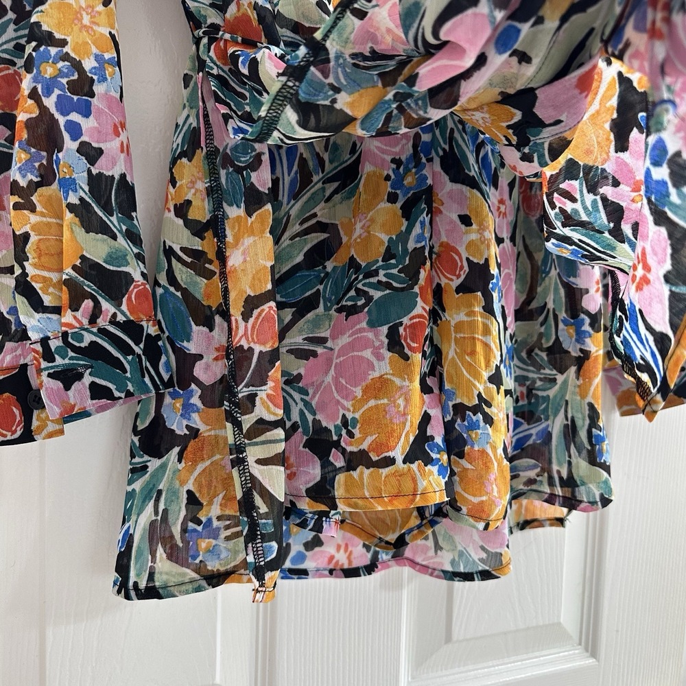 Promesa Tulum Black Floral Chiffon Button-Front Shirt Romper Long Sleeve Small - Picture 7 of 8